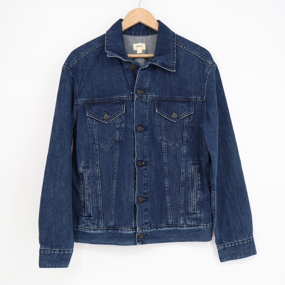 ABLE Dark Wash Denim Trucker Jacket Cotton Lyocell Blend Blue Size L - Picture 2 of 6